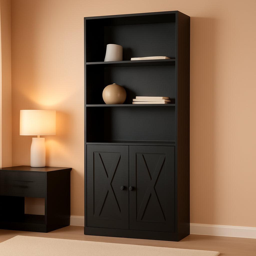 Industrial Black Floor Standing Bookcase With Doors