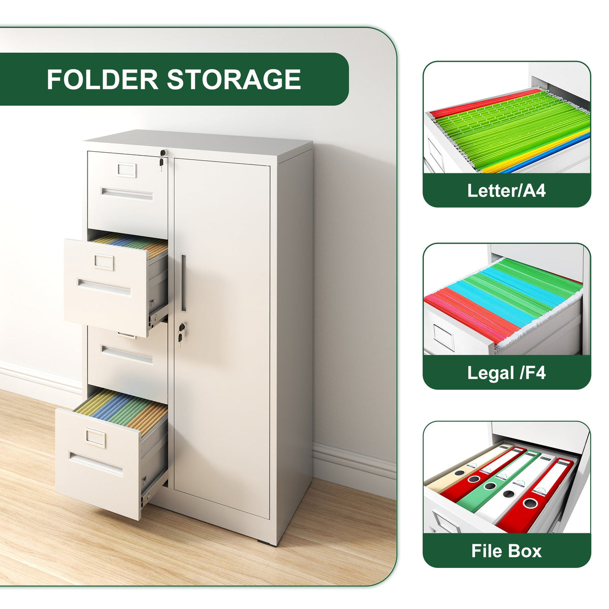 Metal Storage Vertical Filing Cabinet with Lock - White