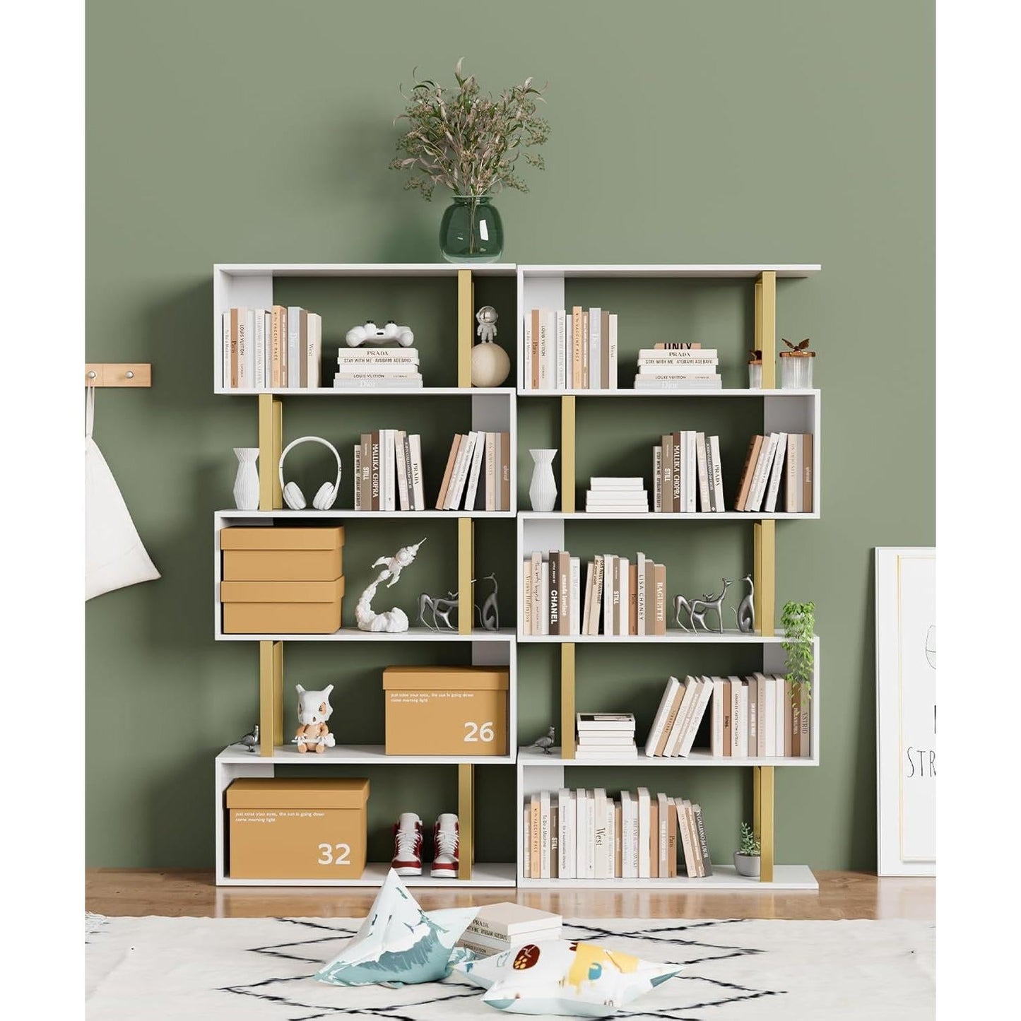 Gold 5 Tier S Shaped Wooden Bookcase For Living Room