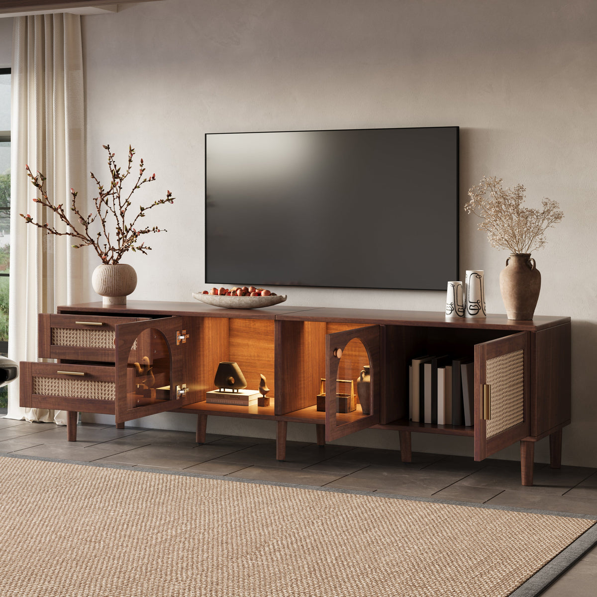 Rattan TV Stand with 3 Cabinets & 2 Drawers