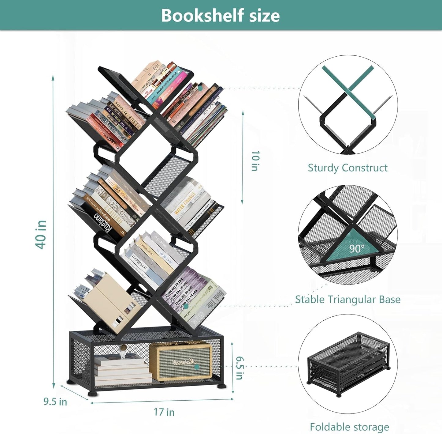 Folding Bookshelf 9 Tier Tree Design With Storage Cabinet