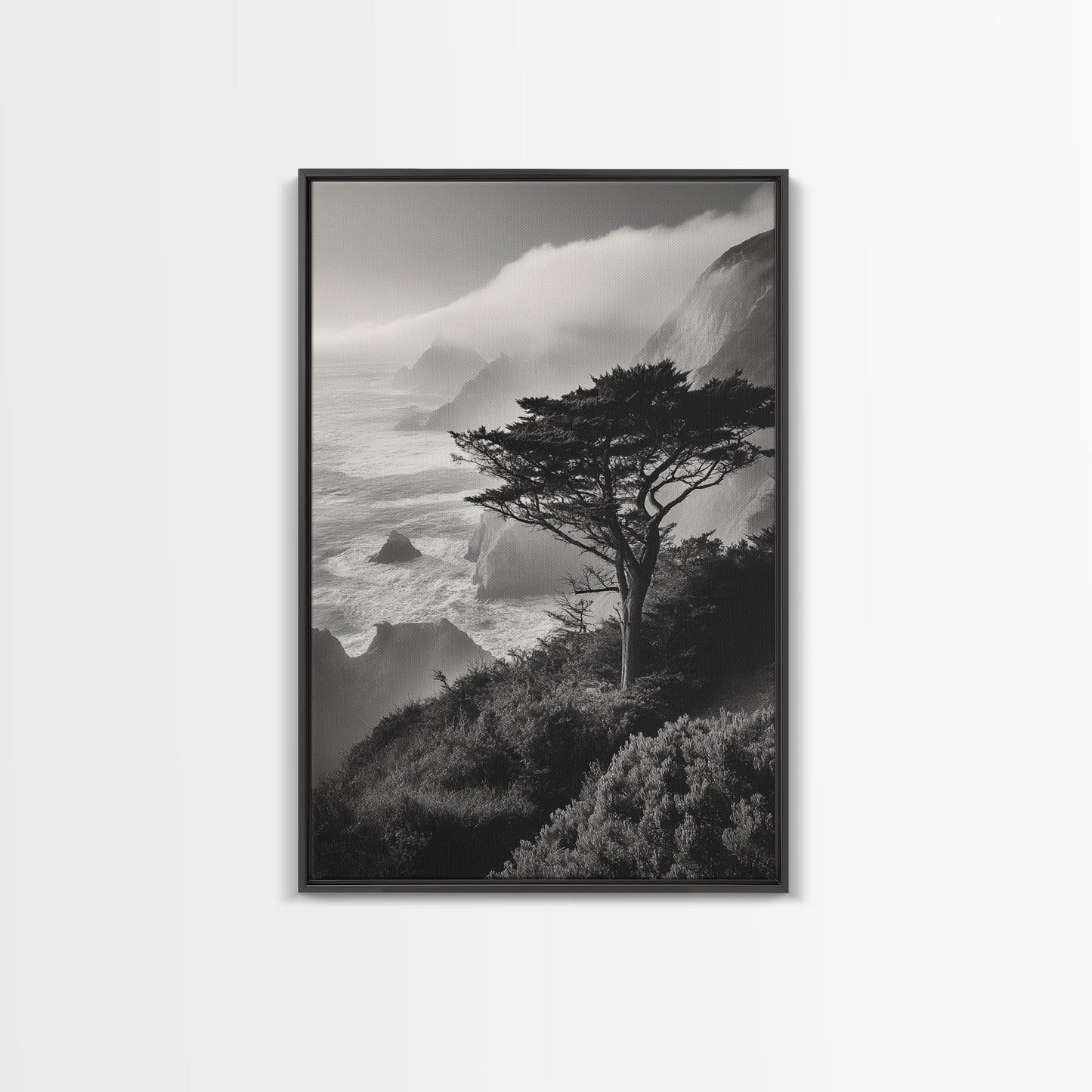 Tree On Cliffs, Foggy Coastline, Monochrome Coastal View, Moody Nature Scene, Framed Canvas Print, Bedroom Wall Art, Earthy Minimalist Decor