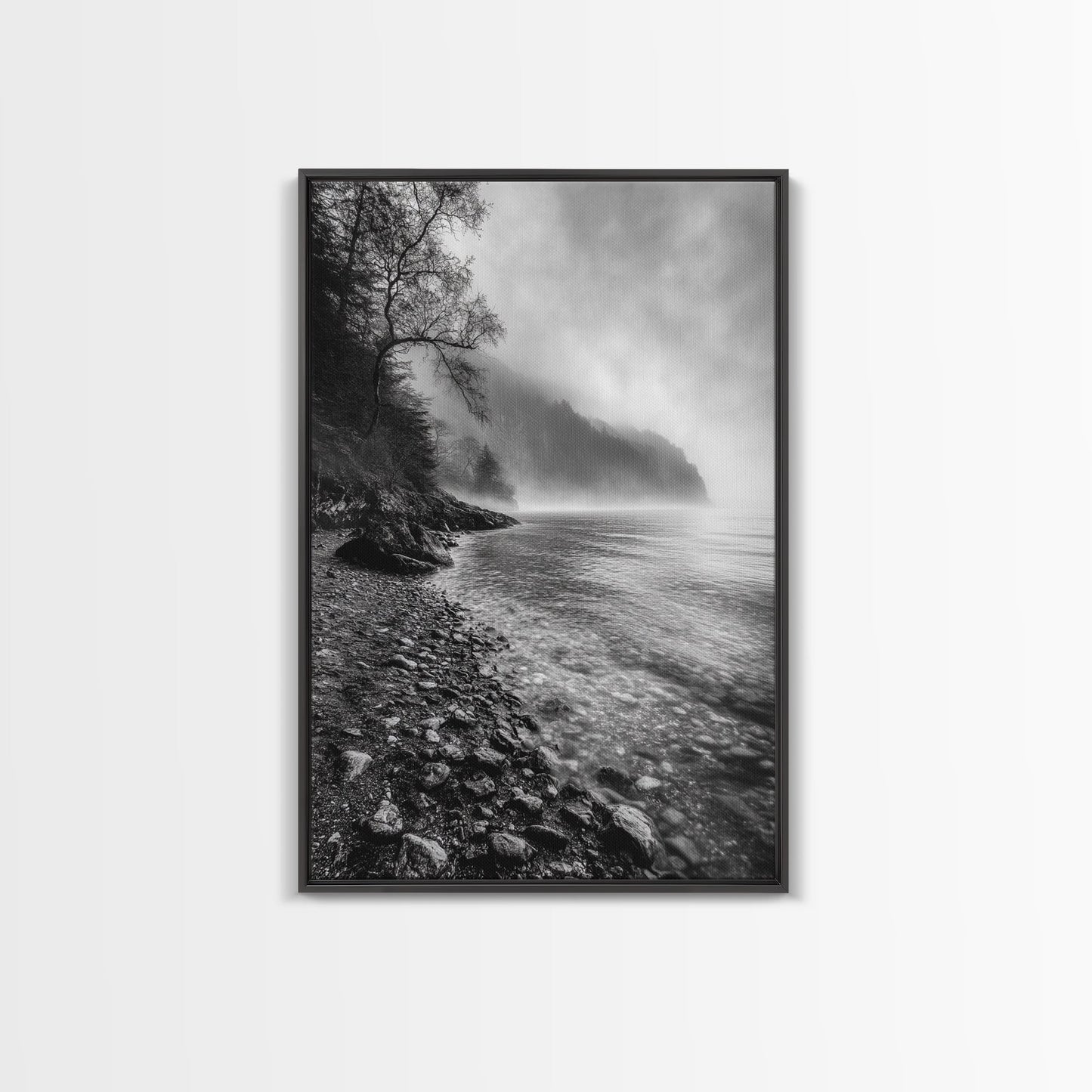 Foggy Coast, Moody Shore, Tranquil Pebbles, Forest Water, Framed Canvas Print, Bathroom Wall Art, Nature Photography Style, Calm Retreat Decor