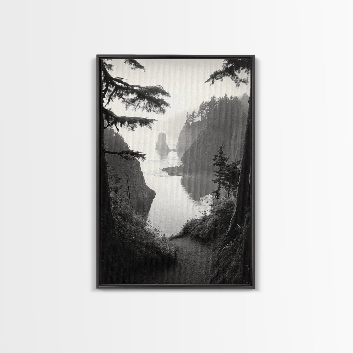 Forest Cliffs, Ocean Pathway, Misty Coast, Woodland Escape, Framed Canvas Print, Cabin Wall Art, Nature Trail Aesthetic, Autumn Mood Art