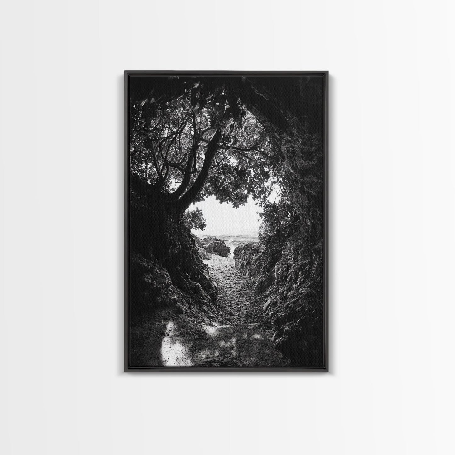 Hidden Beach, Cave Entrance, Secret Shoreline, Natural Light, Canvas Print, Bathroom Wall Decor, Travel Inspired Art, Black And White
