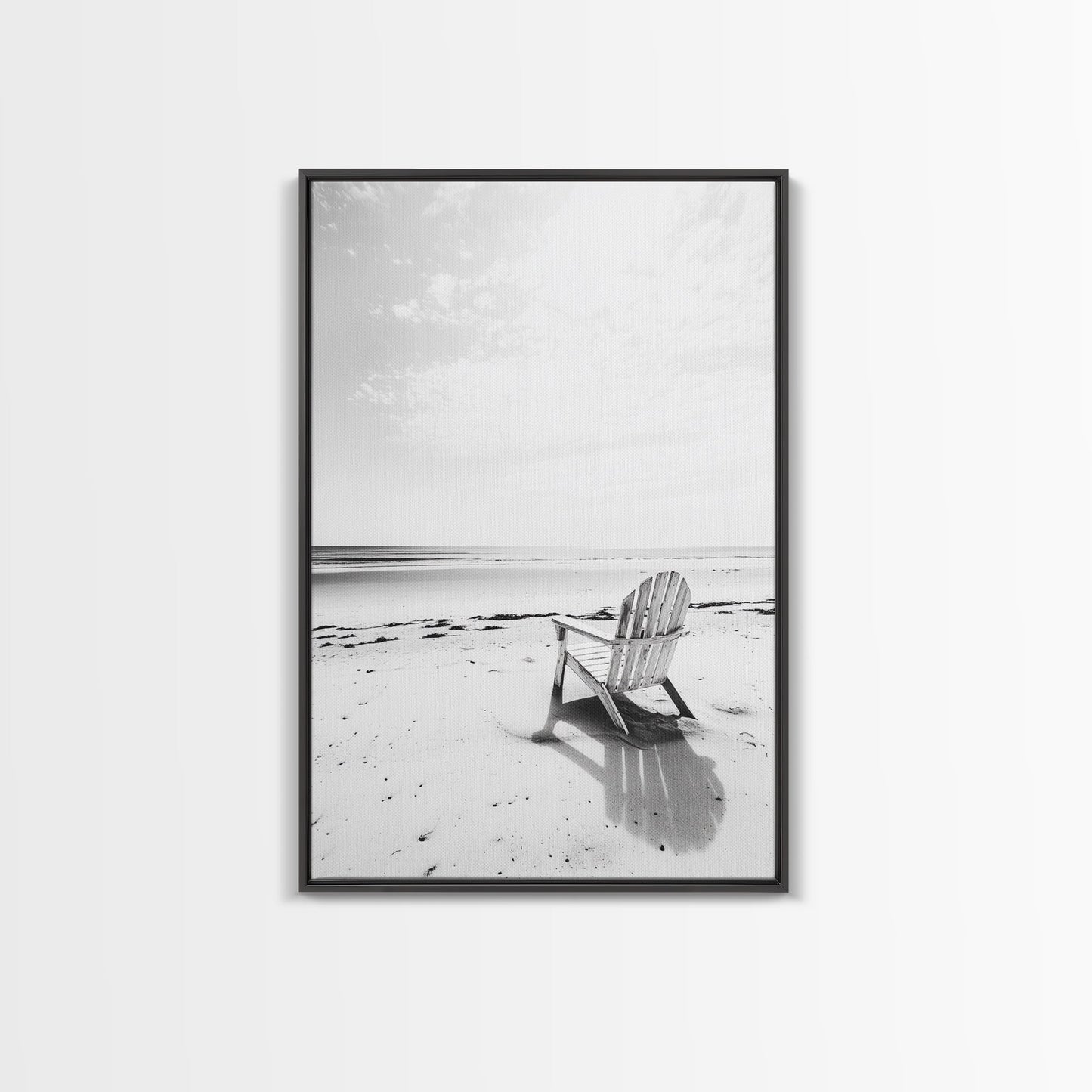 Beach Chair, Coastal Calm, Empty Shoreline, Canvas Print, Minimalist Wall Art, Beach House Decor, Serene Ocean Photography
