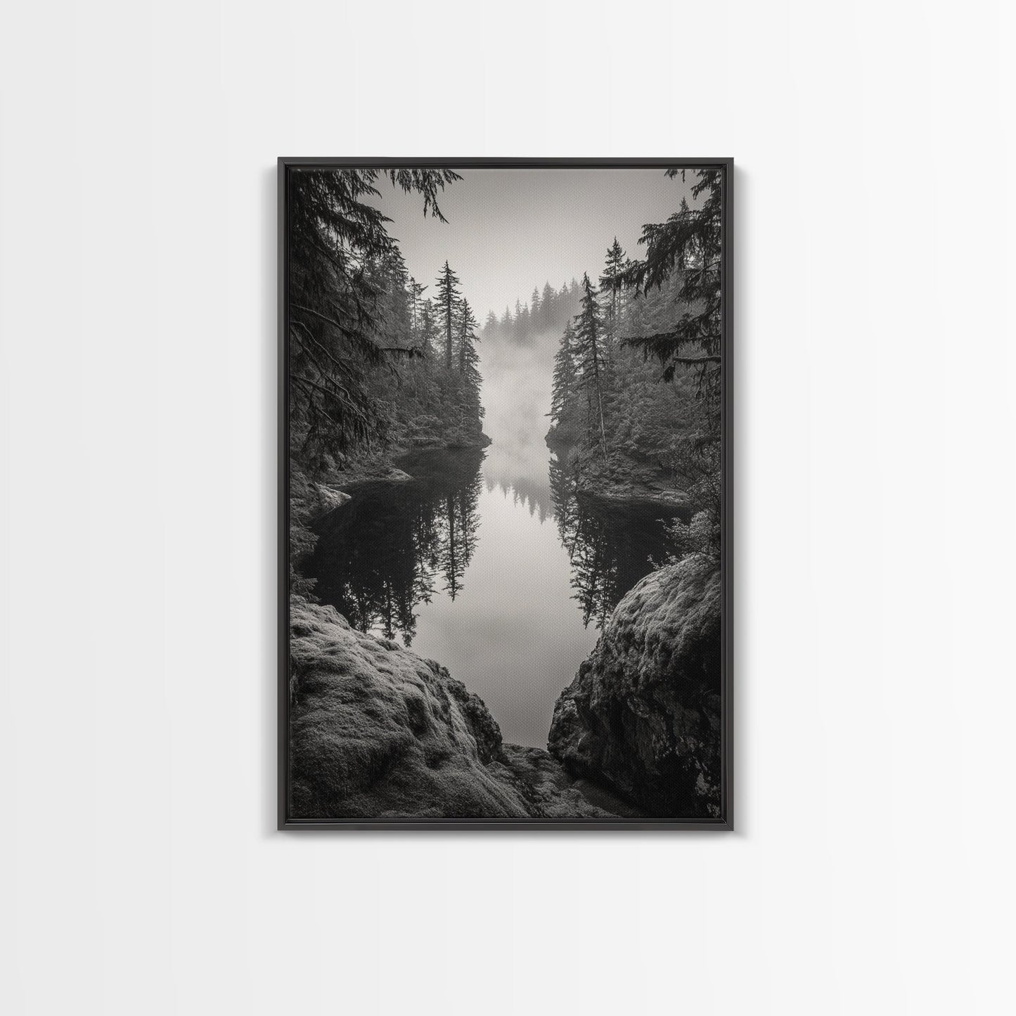 Misty Forest, River Reflection, Foggy Pines, Mountain Silence, Framed Canvas Print, Bedroom Wall Art, Tranquil Nature Photography, Zen Decor