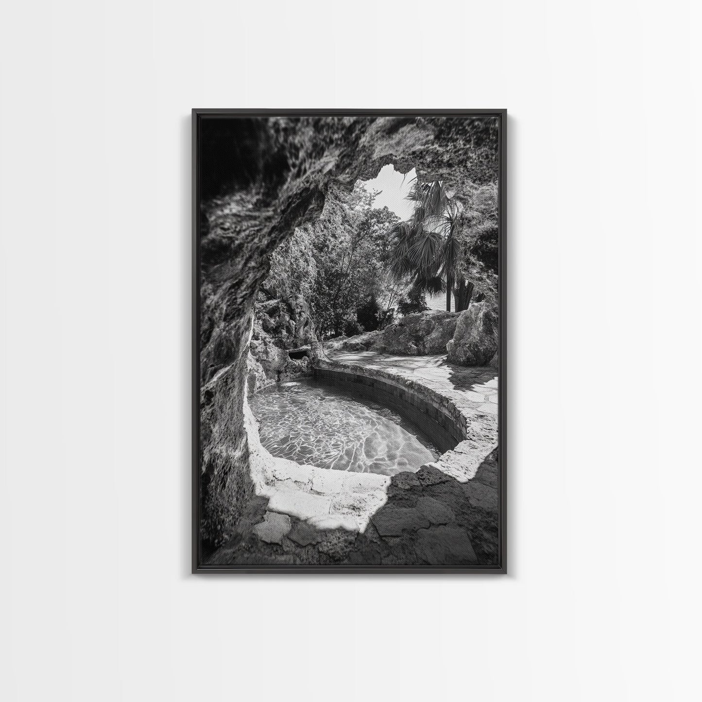 Hidden Pool Grotto, Tropical Oasis, Black and White Photo, Canvas Print, Spa Bathroom Art, Zen Vibes, Modern Nature Wall Decor