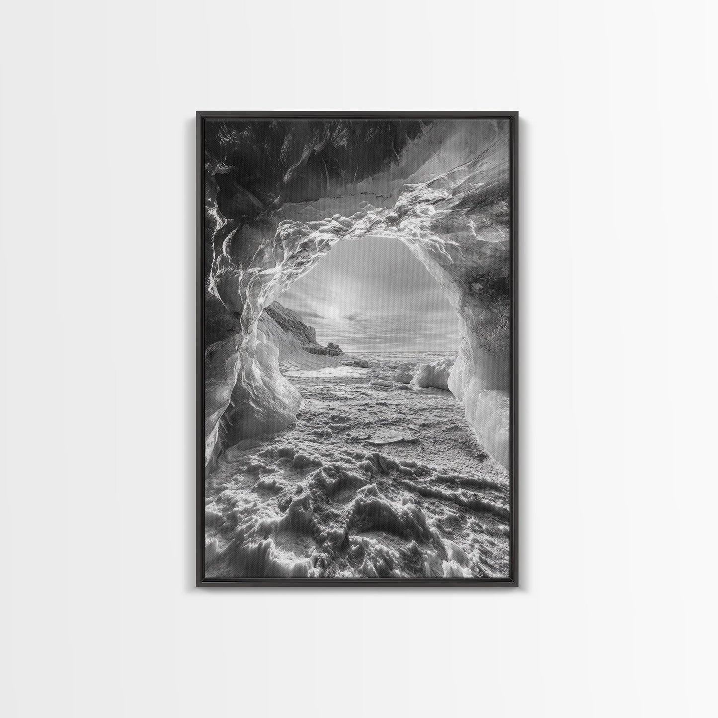 Ice Cave Opening, Winter Wonderland, Arctic Light, Framed Canvas Print, Bedroom Wall Art, Nordic Landscape, Minimalist Winter Art