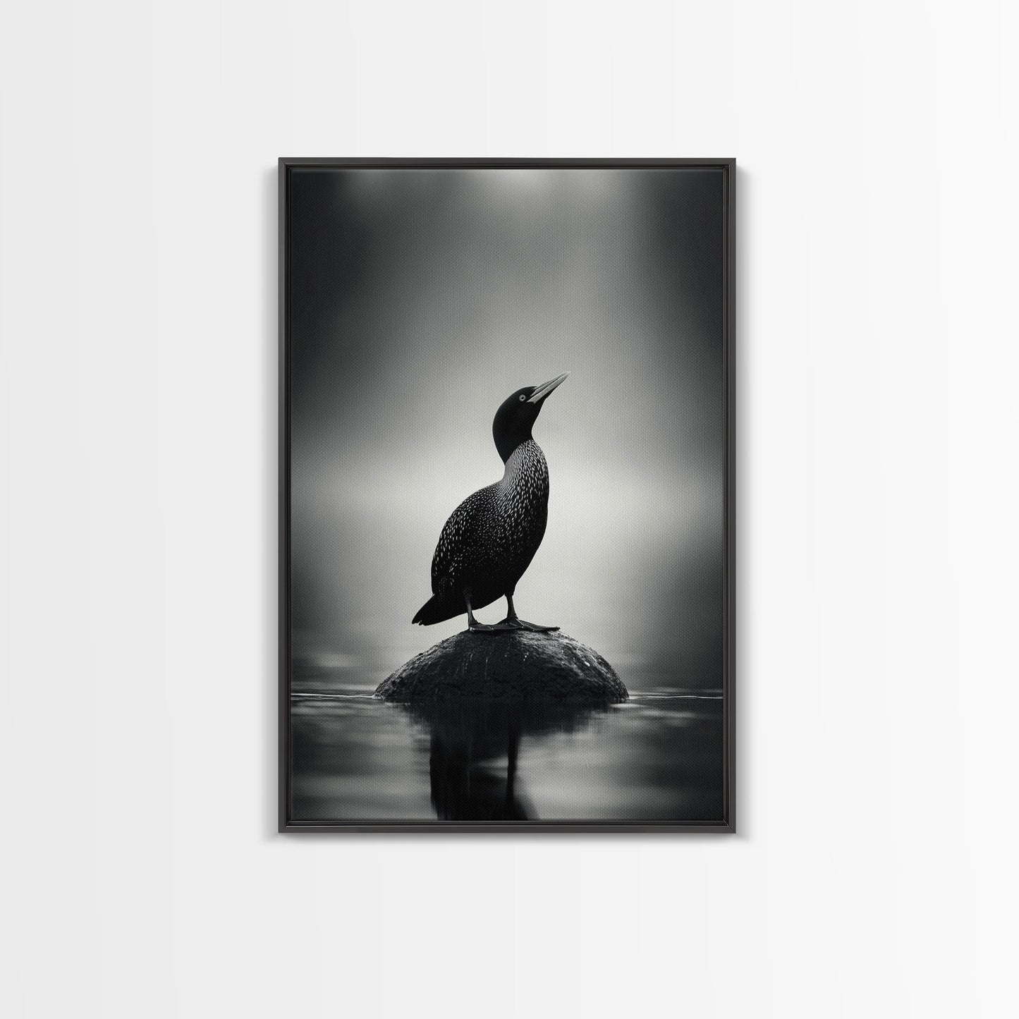 Loon on Rock, Morning Mist, Water Bird Focus, Canvas Print, Minimalist Animal Art, Office Decor, Tranquil Lake Scene Wall Art