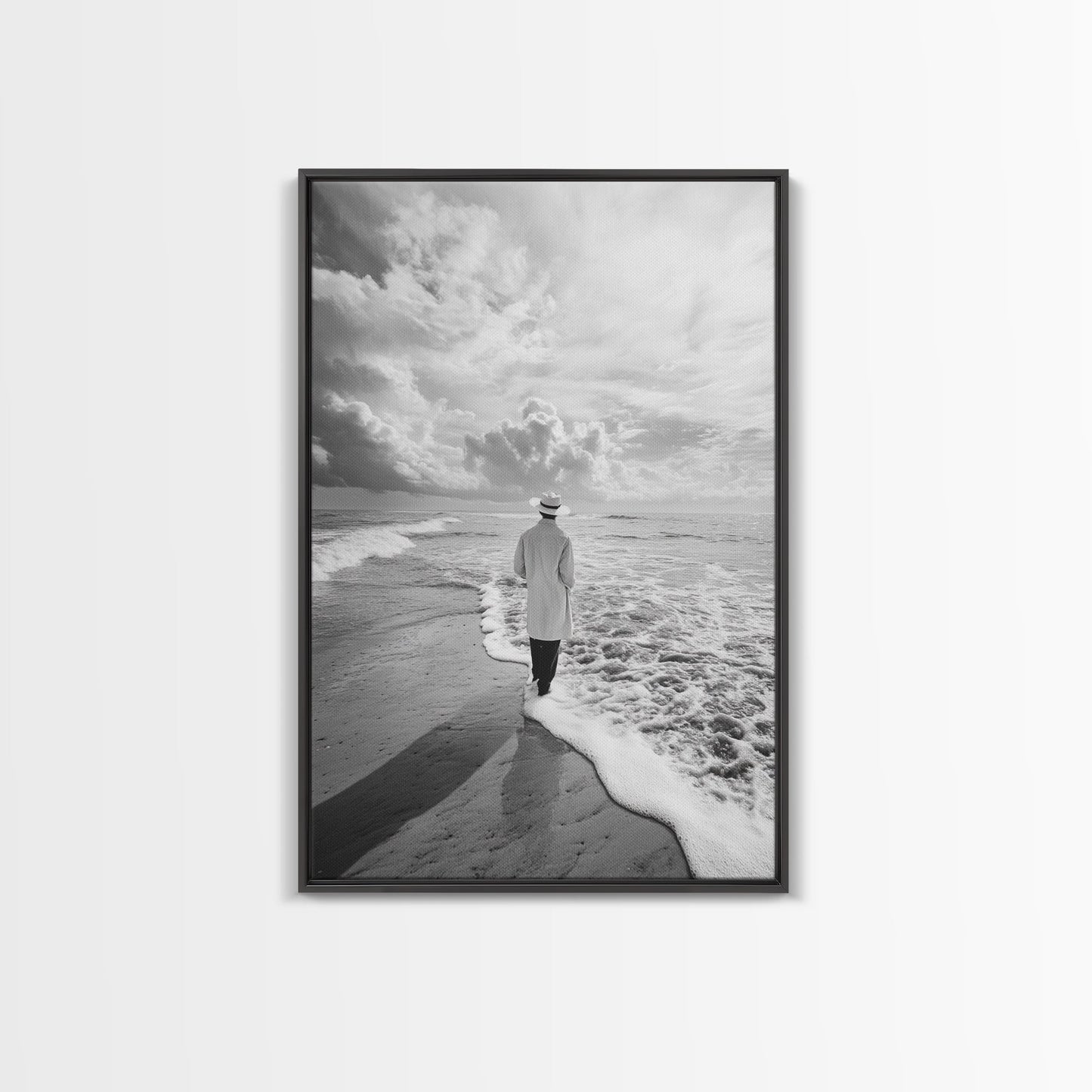 Man On Shore, Thoughtful Walk, Ocean Wanderer, Framed Canvas Print, Minimalist Fall Art, Bedroom Decor, Moody Coastal Scene