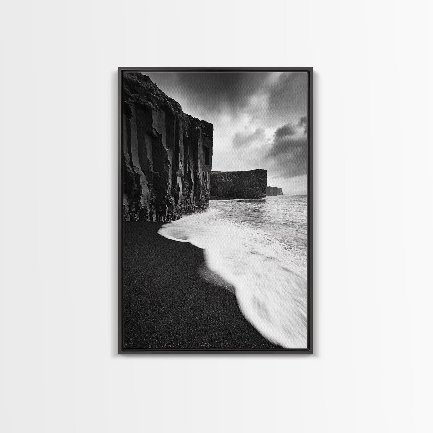 Ocean Cliffs, Black Sand, Moody Coast, Rugged Shoreline, Framed Canvas Print, Icelandic Wall Art, Adventure Decor, Modern Nature Art