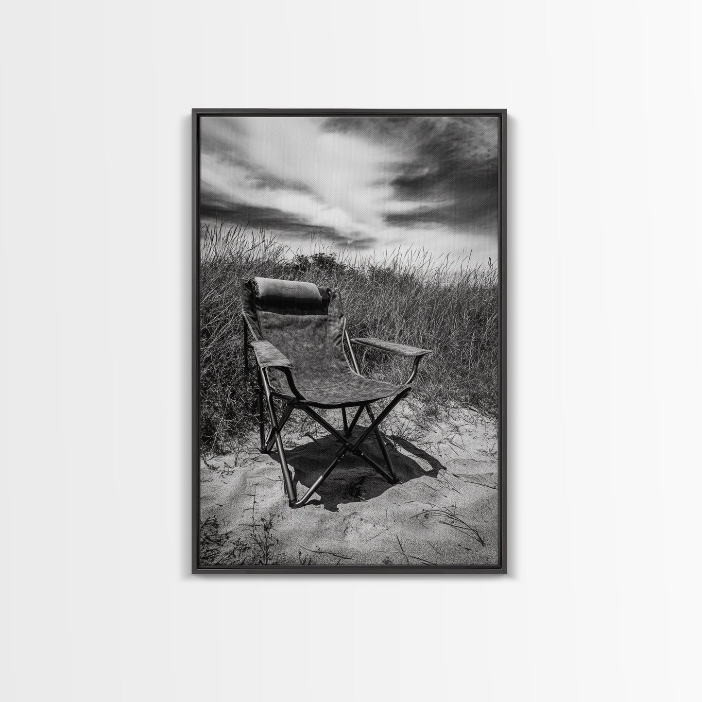Deserted beach chair, quiet coast vibes, windswept scene, peaceful solitude, Canvas Print, hallway decor, rustic retreat outdoor artwork