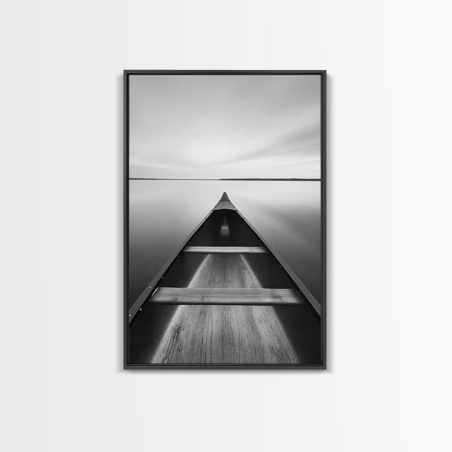 Canoe, Lake, Calm, Horizon - Minimalist lake paddle scene, Framed Canvas Print, peaceful home office art, Scandinavian decor, wilderness print