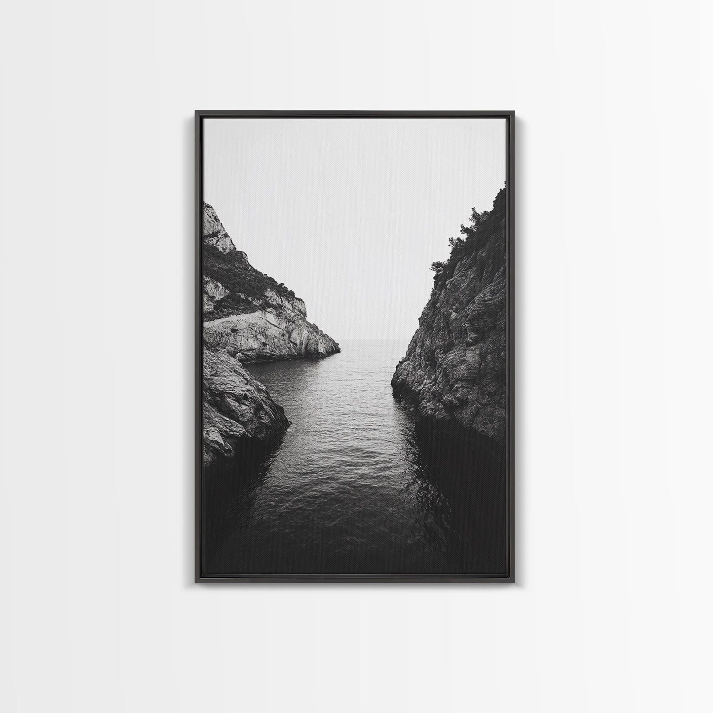 Cliffs, Ocean, Channel, Serenity - Dramatic rocky inlet view, Framed Canvas Print, ideal bathroom or hallway wall art, nature lover minimalist