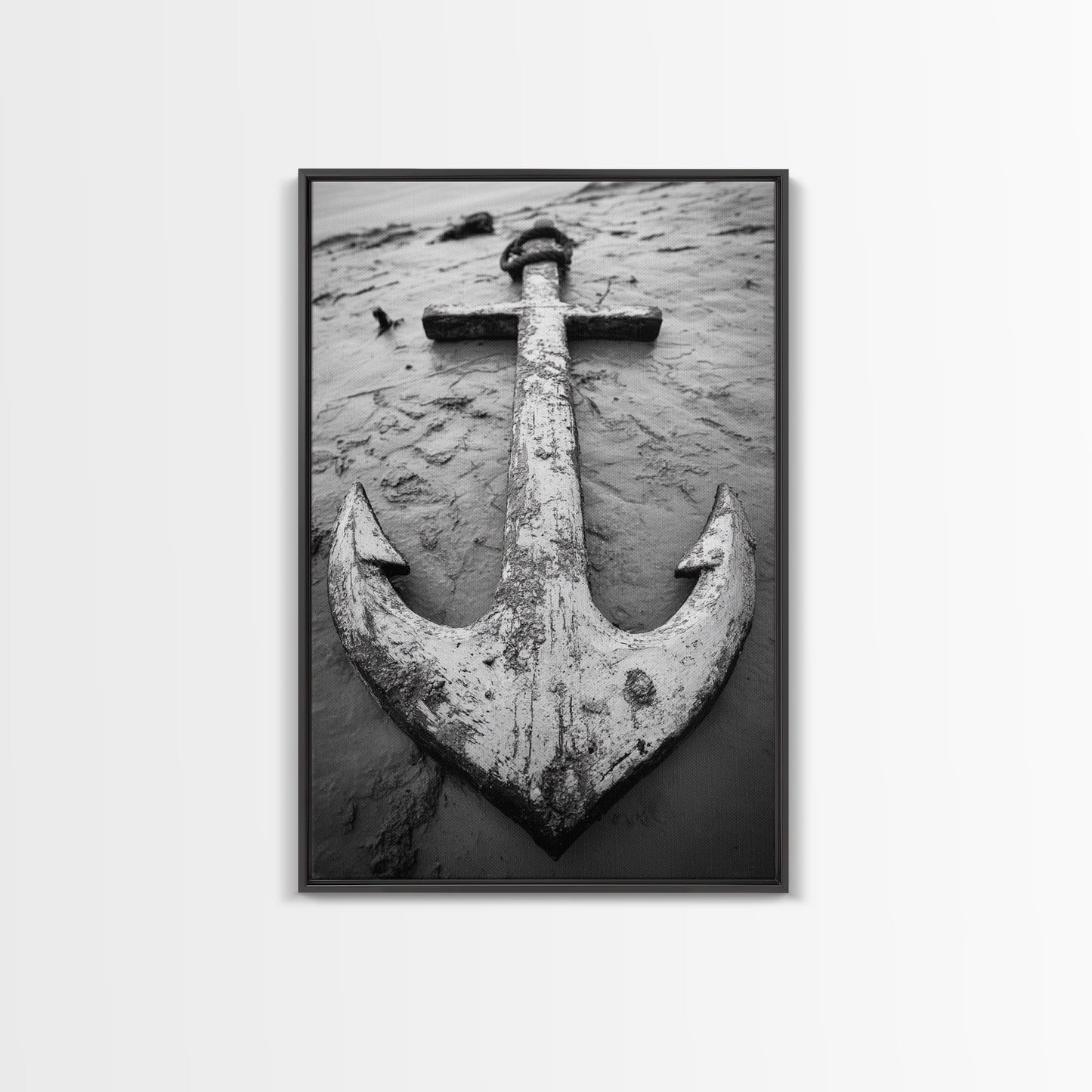 Abandoned Anchor, Nautical Decor, Black White Beach, Framed Canvas Print, Rustic Coastal Wall Art, Entryway Nautical Accent