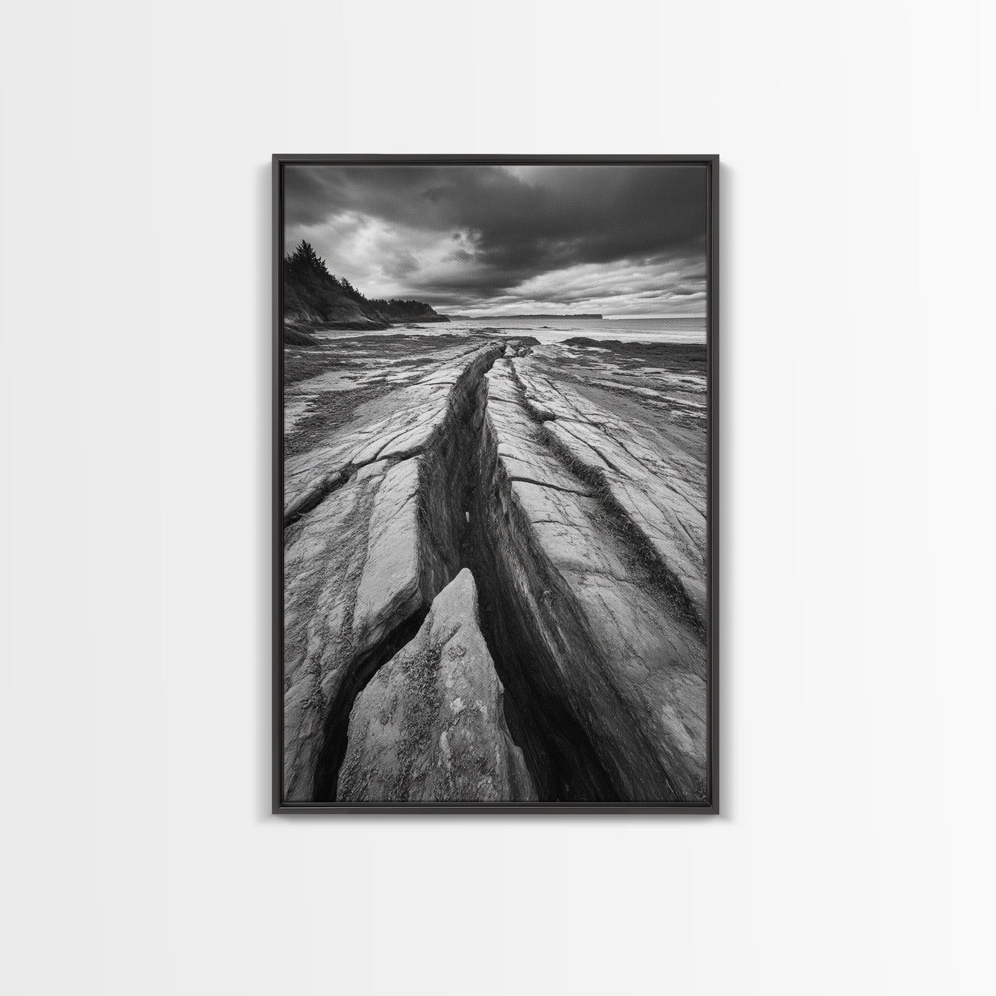 Coastal Rock Divide, Nature Pathway, Moody Beach Print, Living Room Decor, Framed Canvas Print, Minimalist Earthy Wall Art, Den Decor