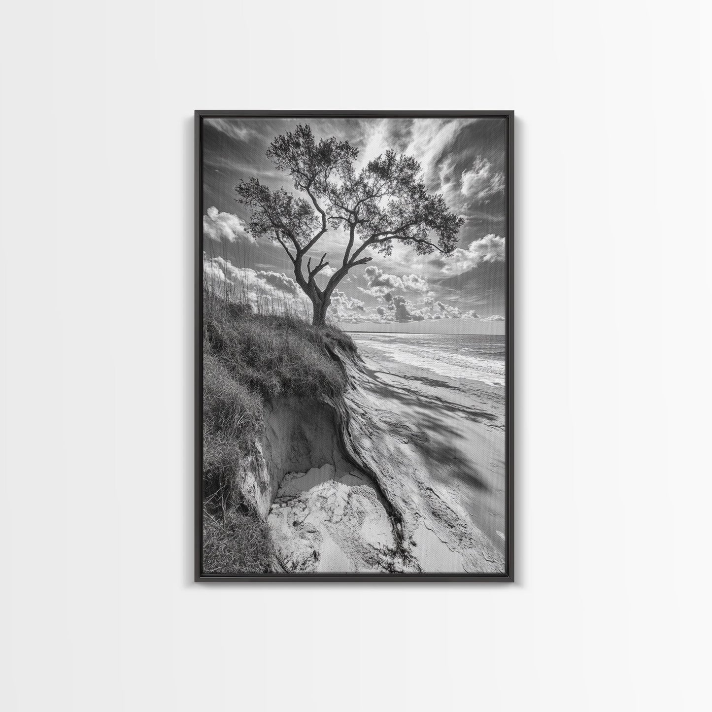 Coastal Tree Scene, Wind Swept Dune, Ocean Beach Horizon, Autumn Coastal Wall Art, Framed Canvas Print, Nature Lover Home Decor