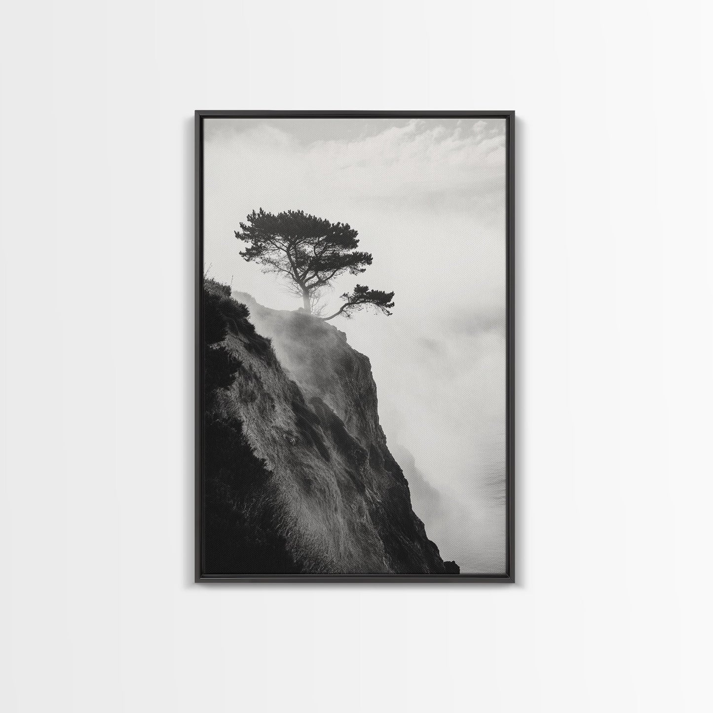 Lone Cliff Tree, Foggy Landscape, Nature Wall Decor, Framed Canvas Print, Minimalist Tree Art, Tranquil Living Room Wall Art