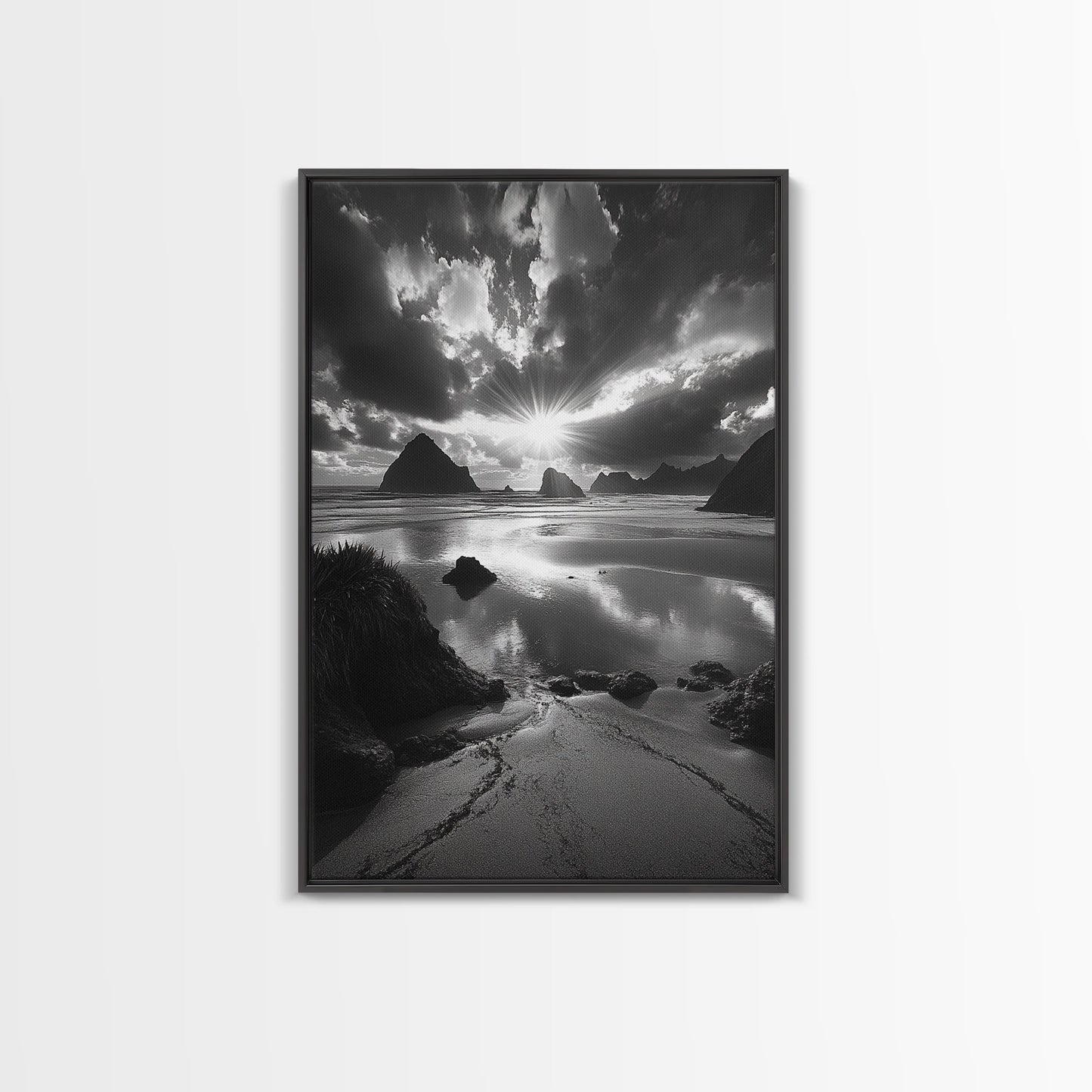 Dramatic Ocean Sunset, Coastal Mountains, Seascape Photography, Canvas Print, Stormy Sky Art, Living Room Focal Wall Decor