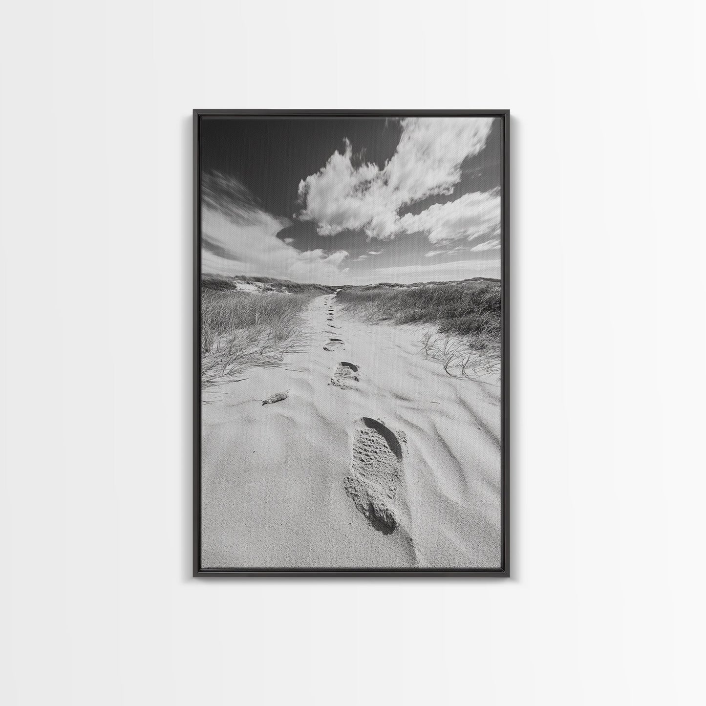 Desert Footprints Path, Dune Art, Wanderlust Vibes, Monochrome Landscape, Framed Canvas Print, Bedroom Wall Decor, Minimalist Travel