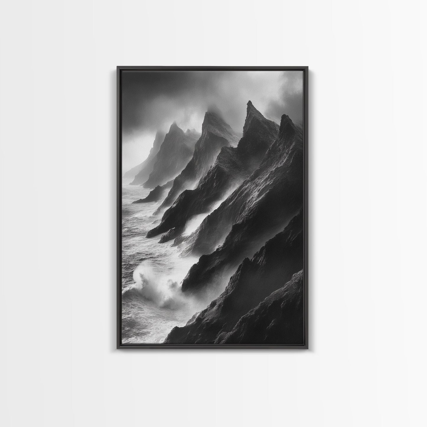 Jagged Cliff Coast, Stormy Ocean Scene, Dramatic Nature Art, Black White Photography, Framed Canvas Print, Office Wall Art, Coastal Decor