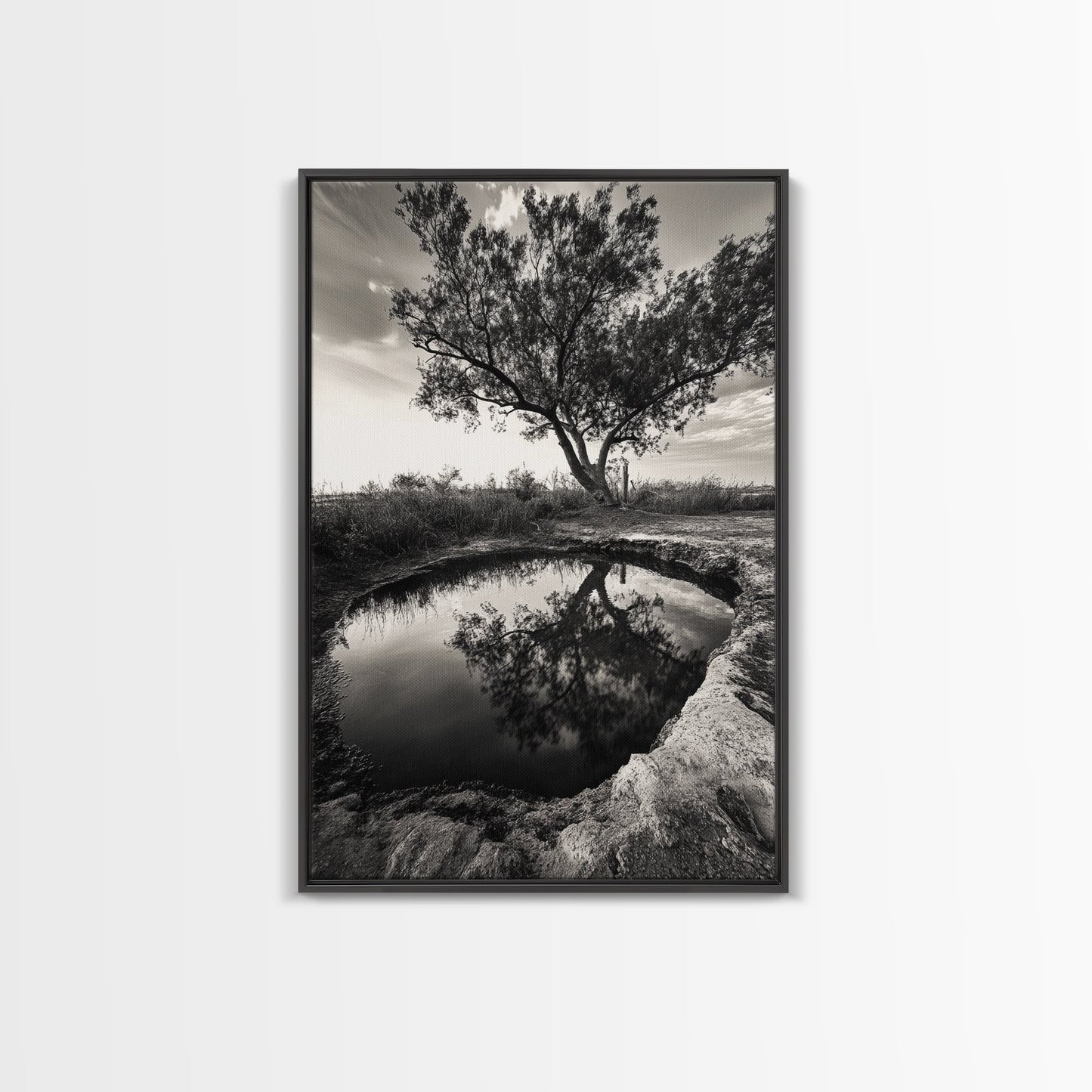 Tree Reflection, Still Water, Peaceful Nature, Framed Canvas Print, Tranquil Wall Art, Rustic Bedroom Decor, Black and White Photography