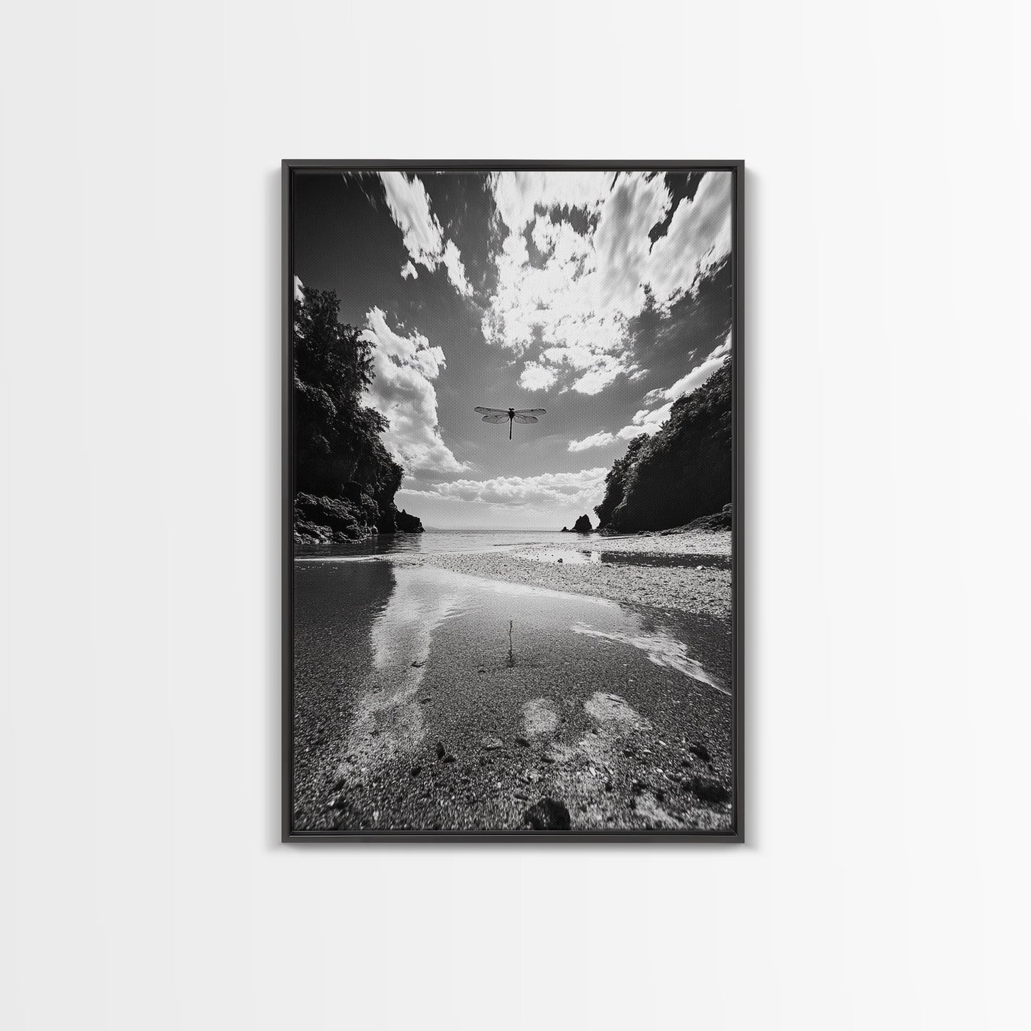 Dragonfly Flight, Beach View, Nature Dream, Framed Canvas Print, Whimsical Wall Art, Surreal Living Room Decor, Black and White Nature Style