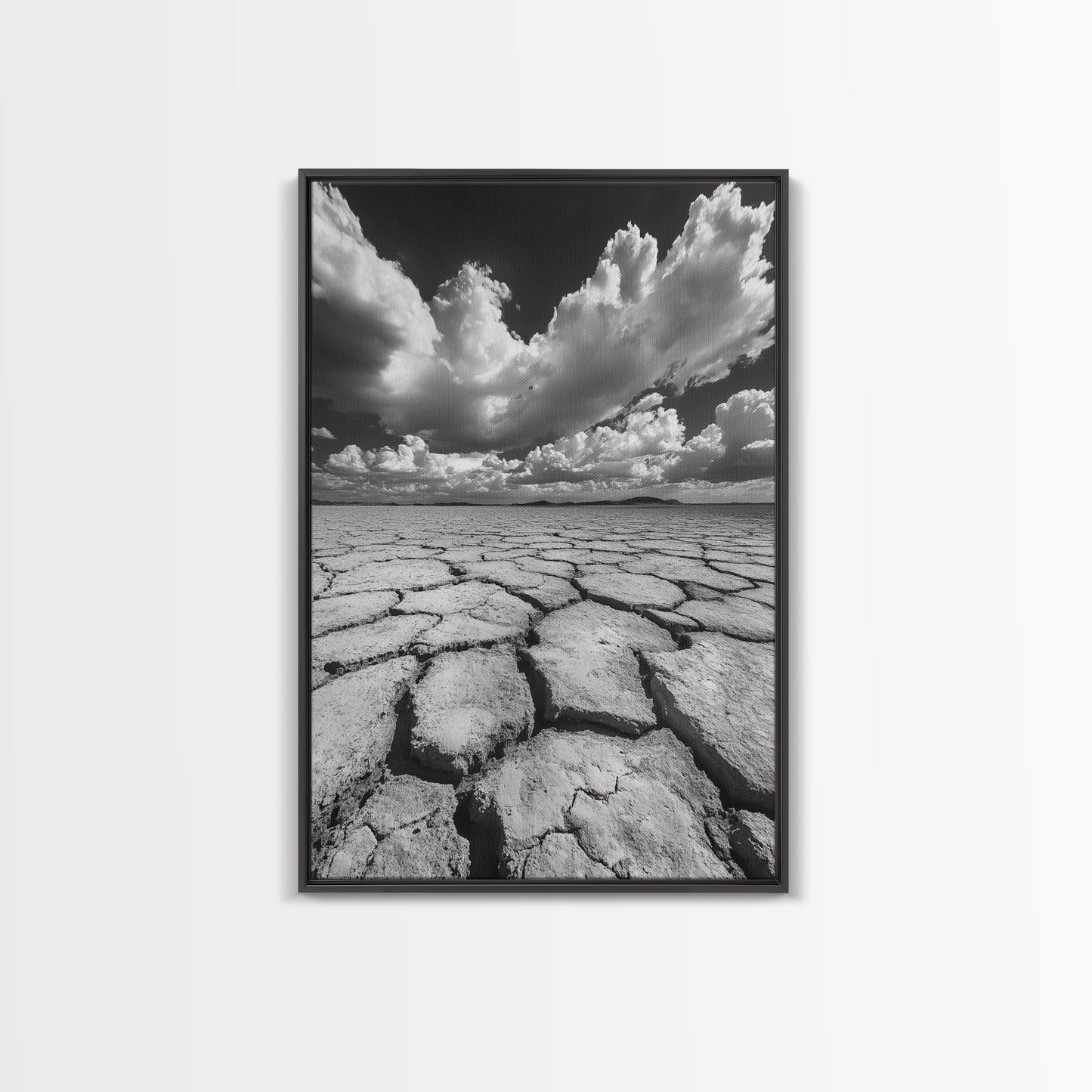Cracked Earth, Storm Sky, Desert View, Framed Canvas Print, Dramatic Landscape Art, Modern Living Room Decor, Moody Minimalist Wall Art