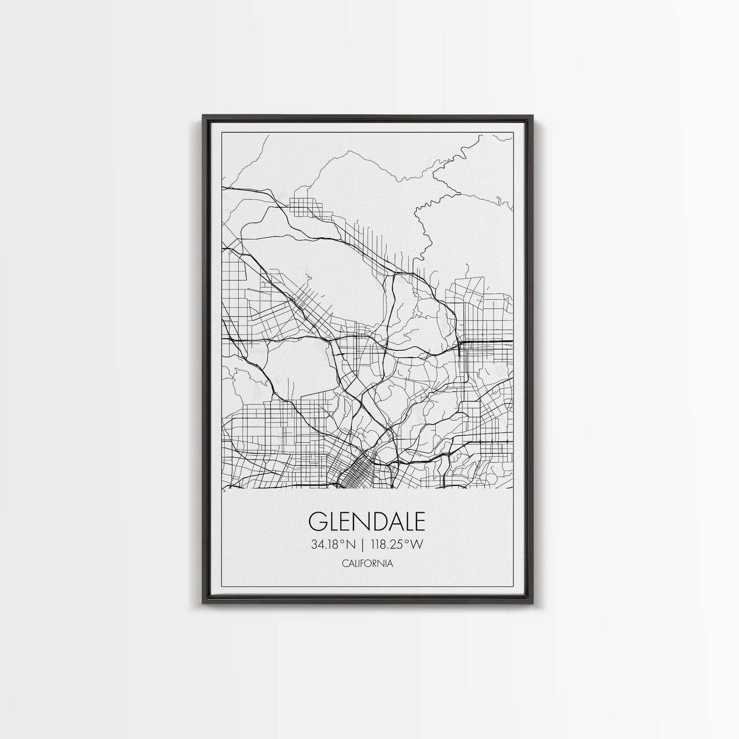 Glendale Street Map, California Map, City Map Art, Minimalist Art, Wall Art, Canvas Print, Black And White Map, Gifts For Him, Travel Art