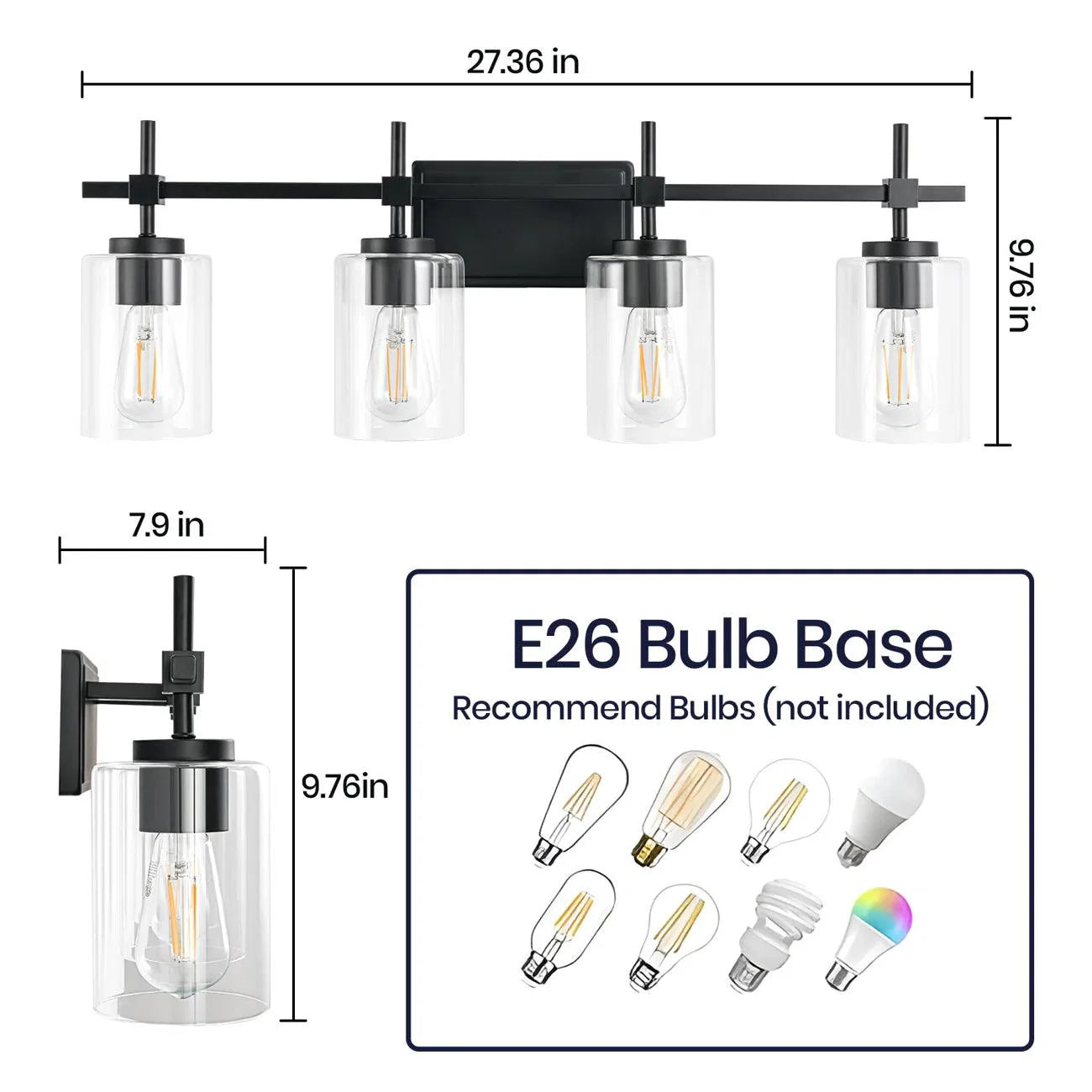 Jasper Modern 4-Light Clear Glass Bathroom Lights Linear Vanity Light