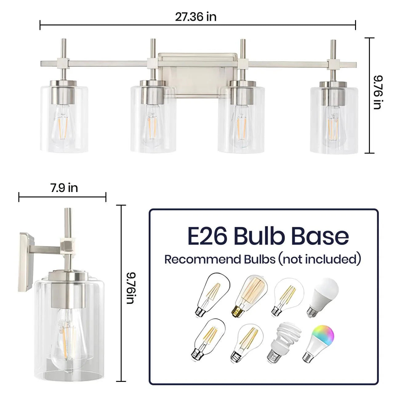 Jasper Modern 4-Light Clear Glass Bathroom Lights Linear Vanity Light