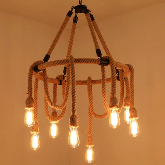 Embrace Exposed Bulb Elegance: The Antiqued Beige Hemp Rope Chandelier