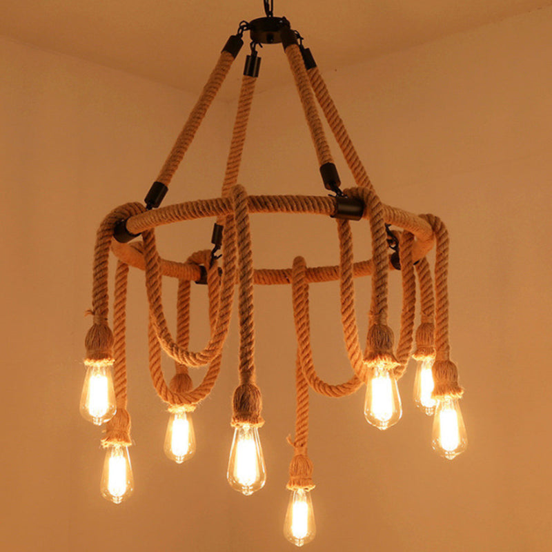 Embrace Exposed Bulb Elegance: The Antiqued Beige Hemp Rope Chandelier
