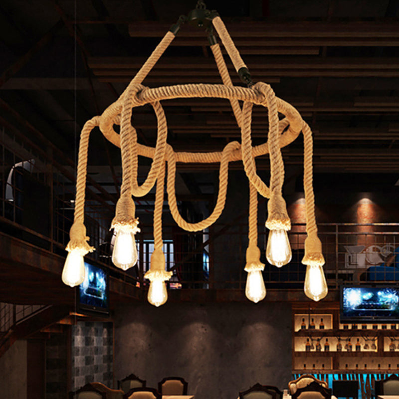 Embrace Exposed Bulb Elegance: The Antiqued Beige Hemp Rope Chandelier