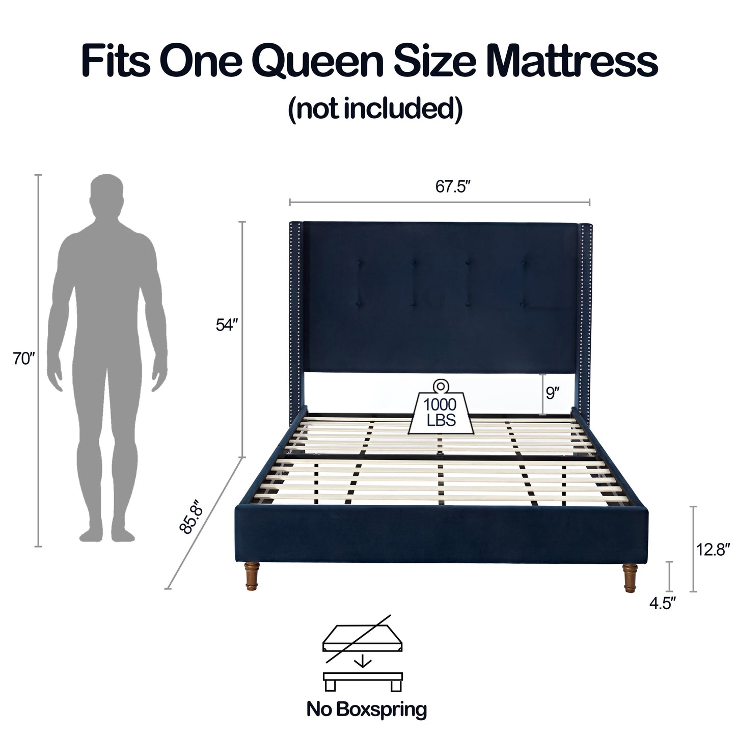 Peyton Upholstered Queen Bed with 54' High Headboard and Traditional Buttoned Tufting in Blue Velvet