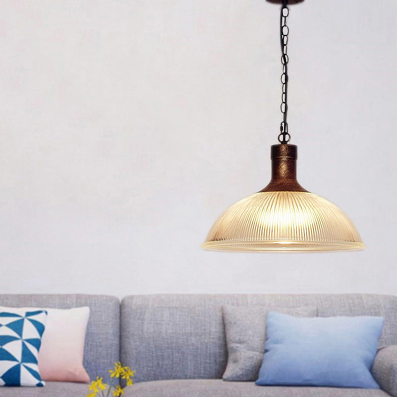 Hélène's Clear Ribbed Glass Dome Pendant Light - Industrial Bronze Black Hanging Light for Living Room