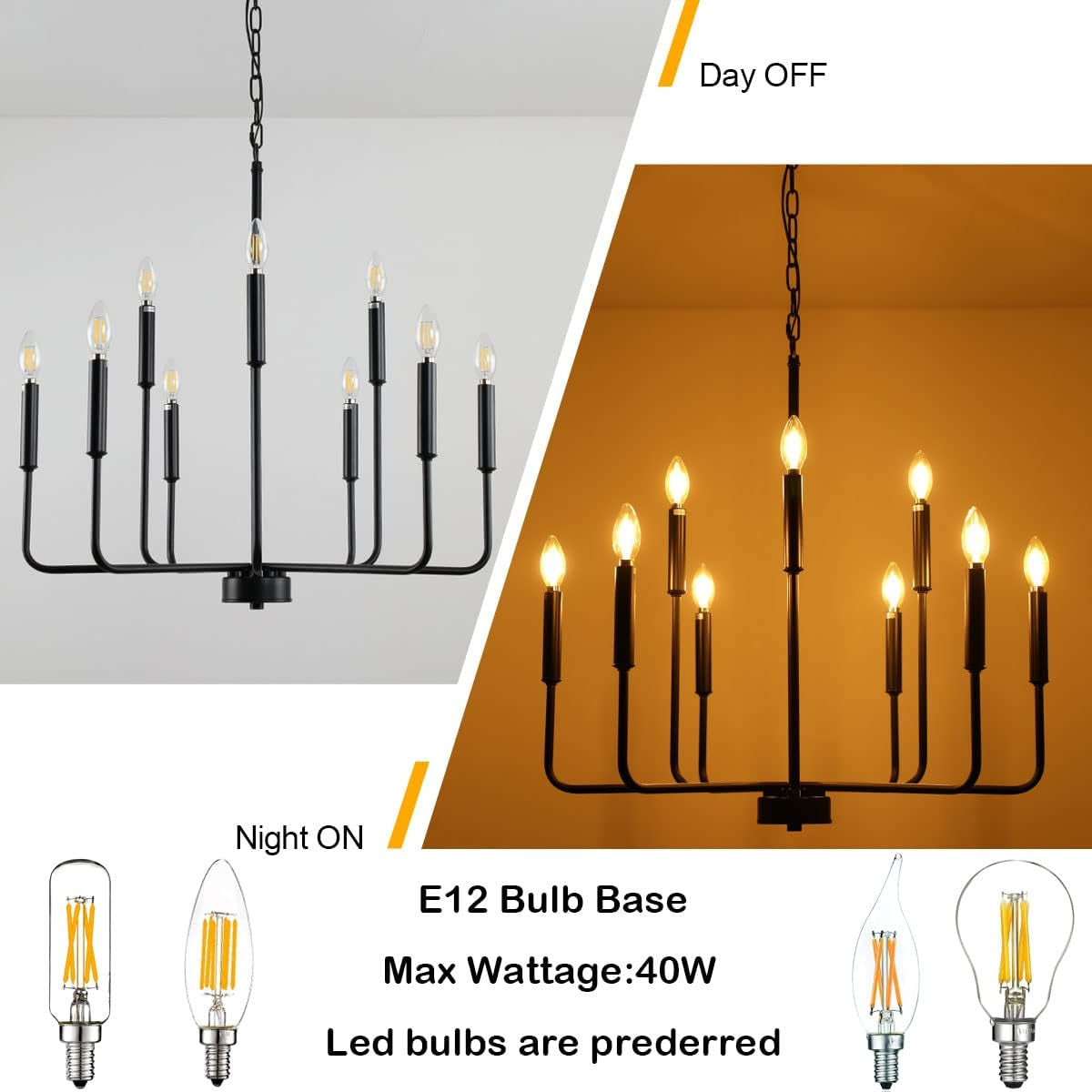 Black Farmhouse Chandelier 9 Light Dining Room Rustic with E12 bulb base, showcasing on and off lighting.