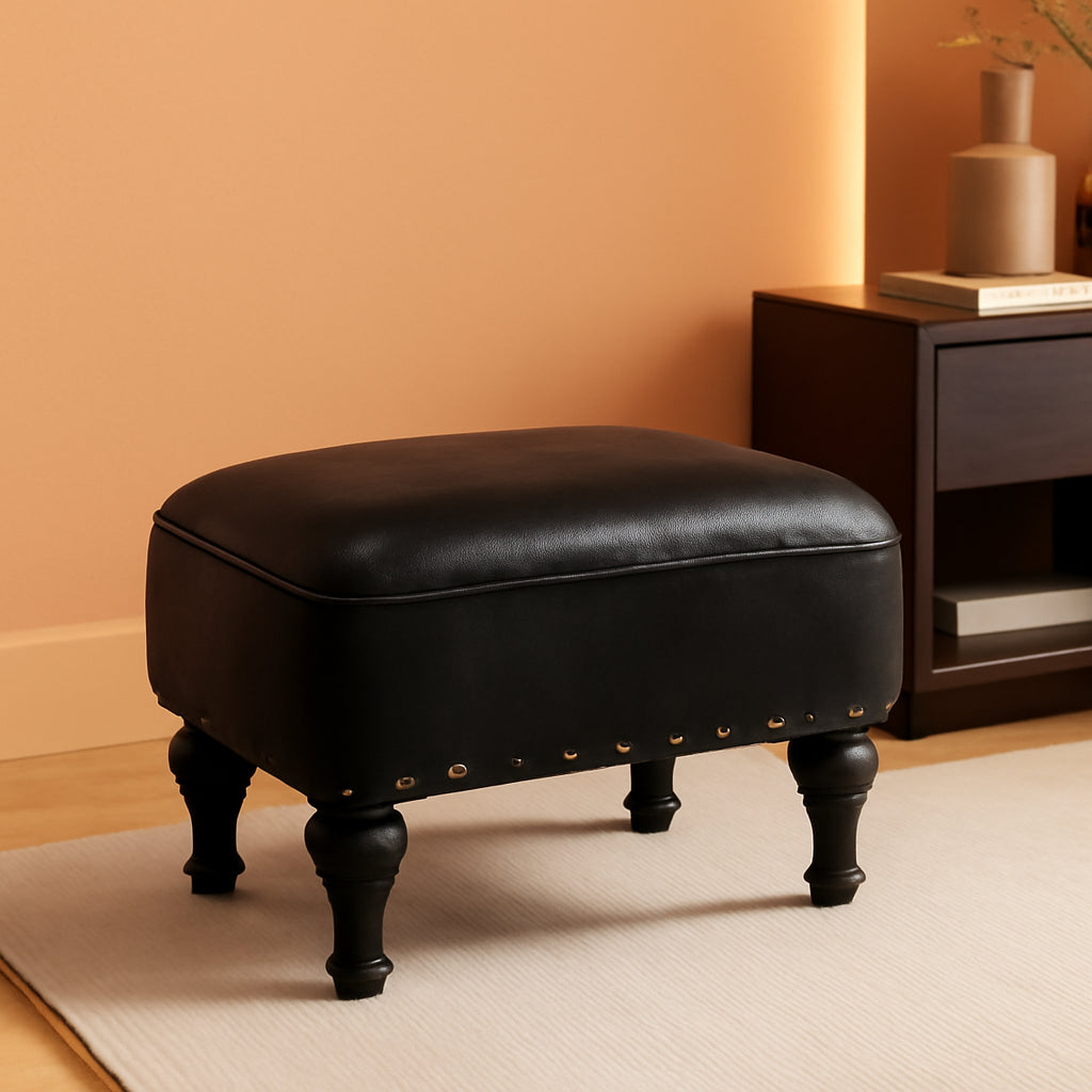 Black Leather Ottoman Footstool With Thick Padded Foam