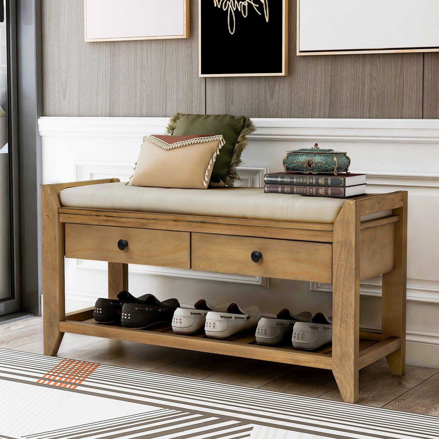 TREXM Shoe Rack with Cushioned Seat and Drawers