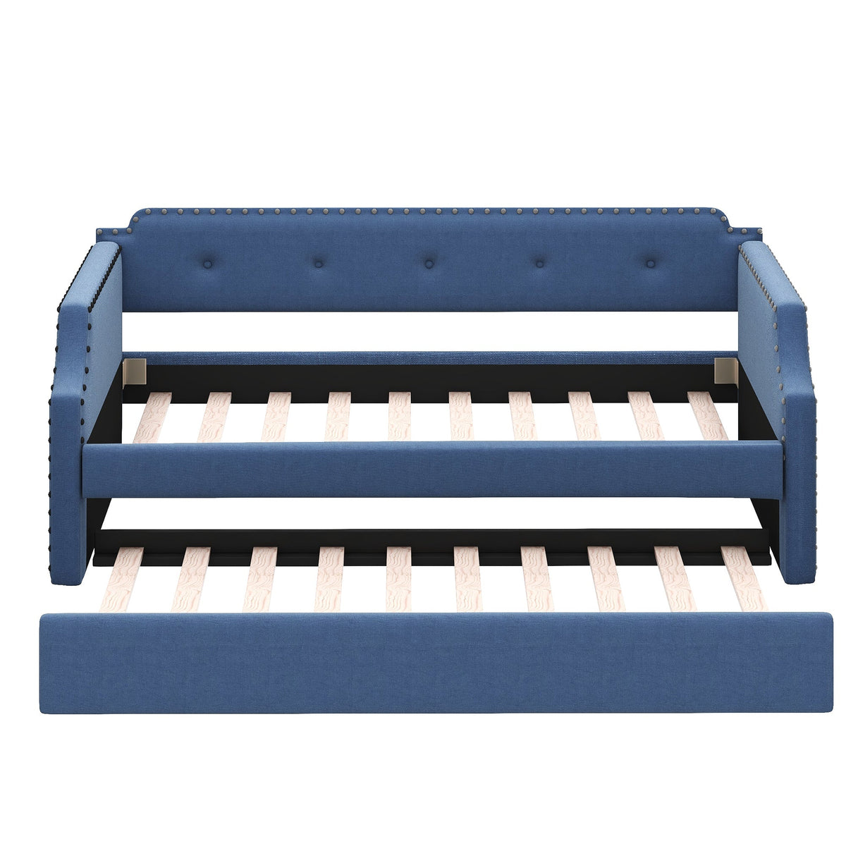 Upholstered Daybed with Trundle, Wood Slat Support, Twin Size
