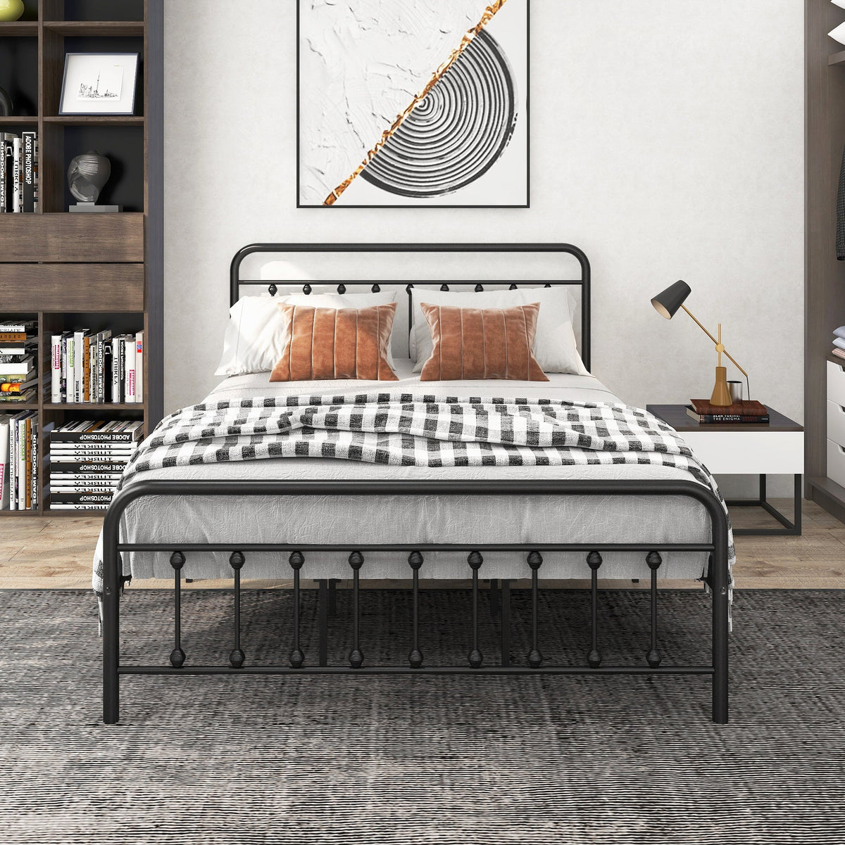 Metal Platform Bed Frame with Victorian Style Headboard
