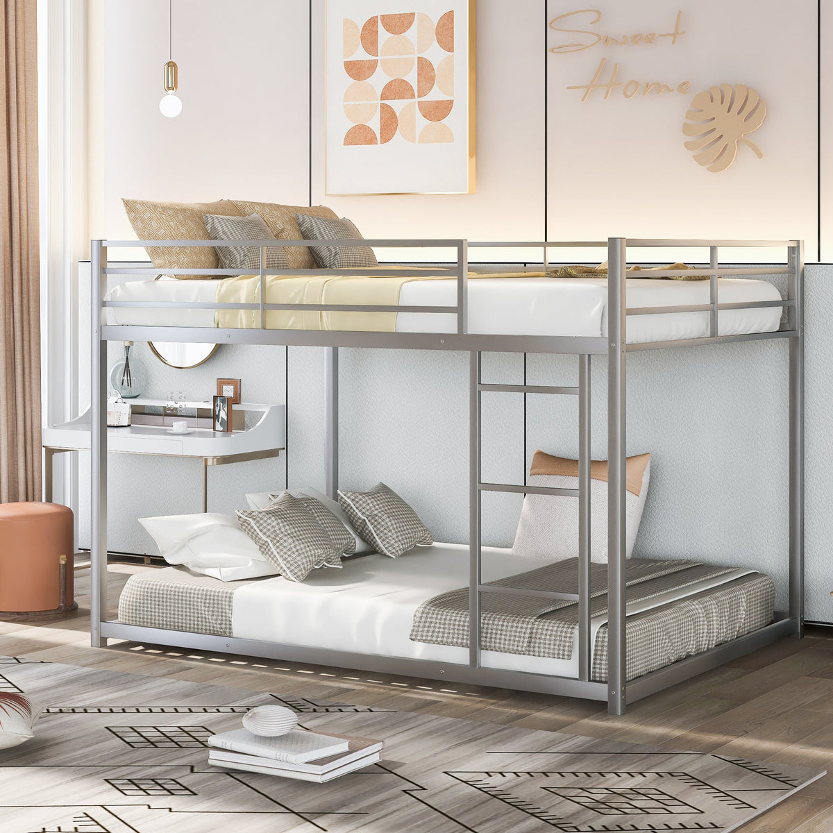 Full Over Full Metal Bunk Bed with Ladder in Silver