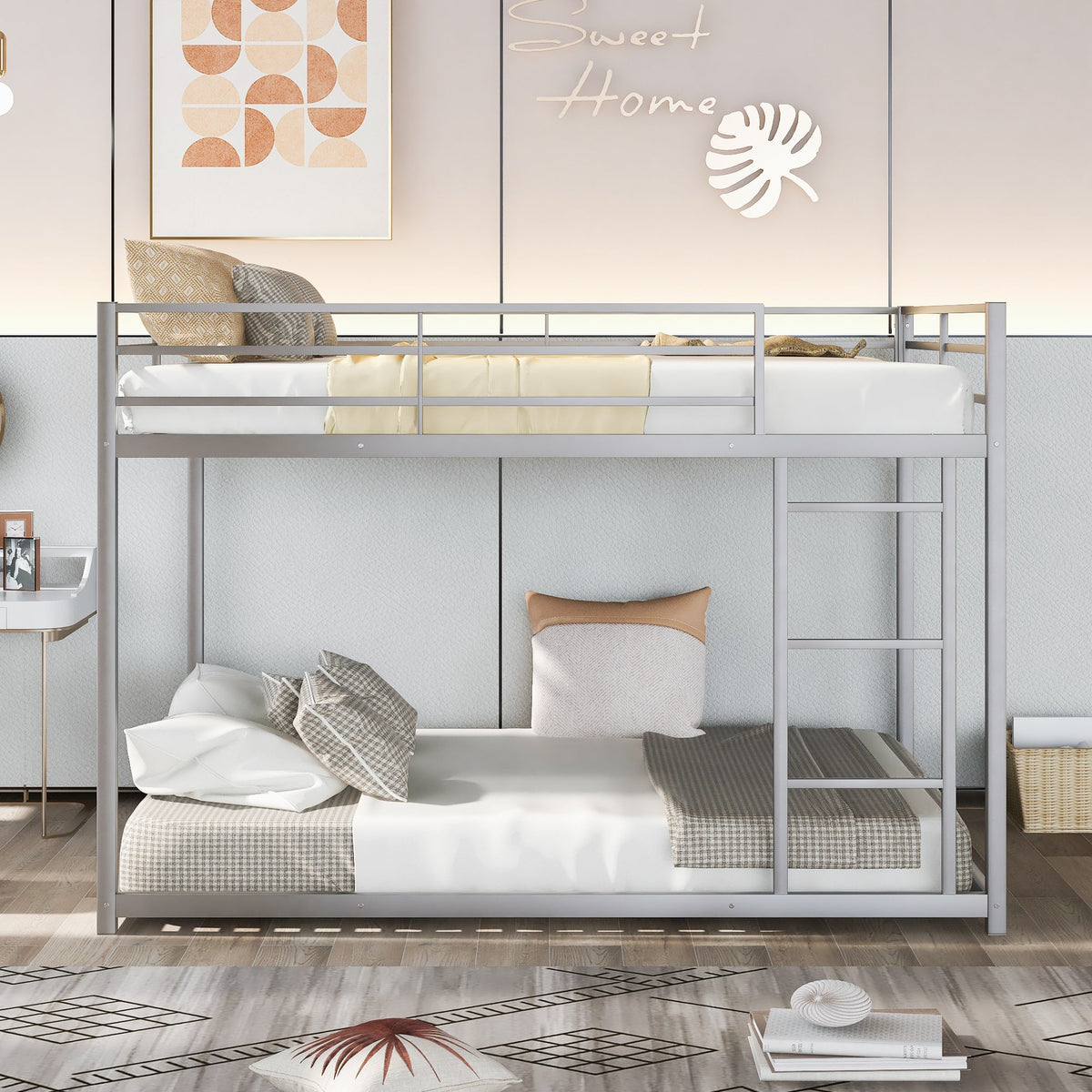 Full Over Full Metal Bunk Bed with Ladder in Silver