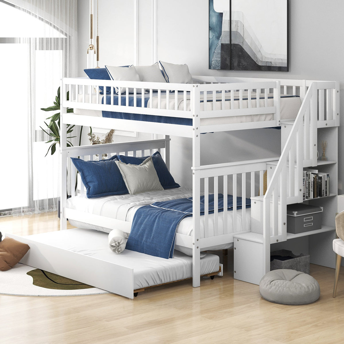 Full Over Full Bunk Bed with Trundle and Staircase