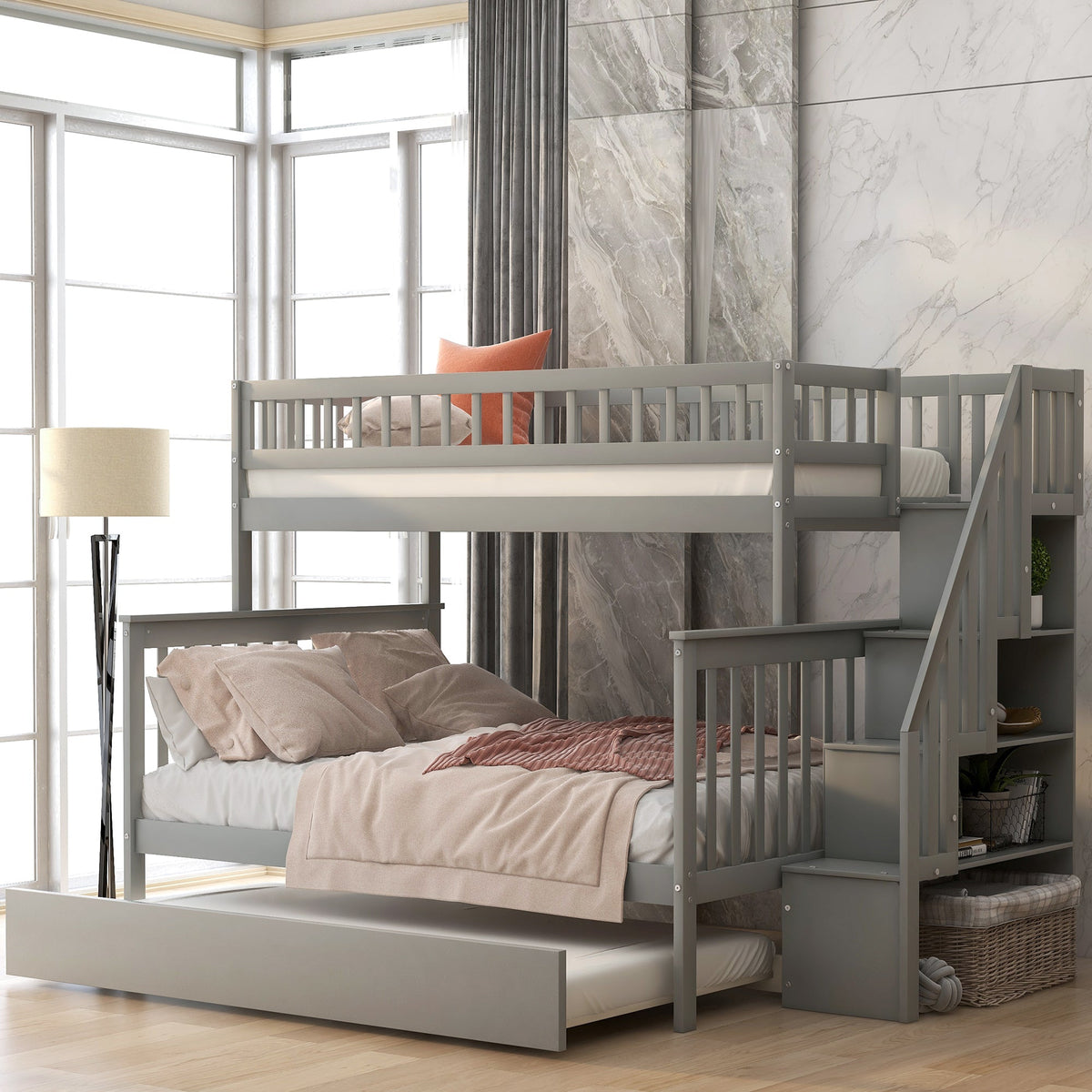 Twin Over Full Bunk Bed with Trundle and Staircase