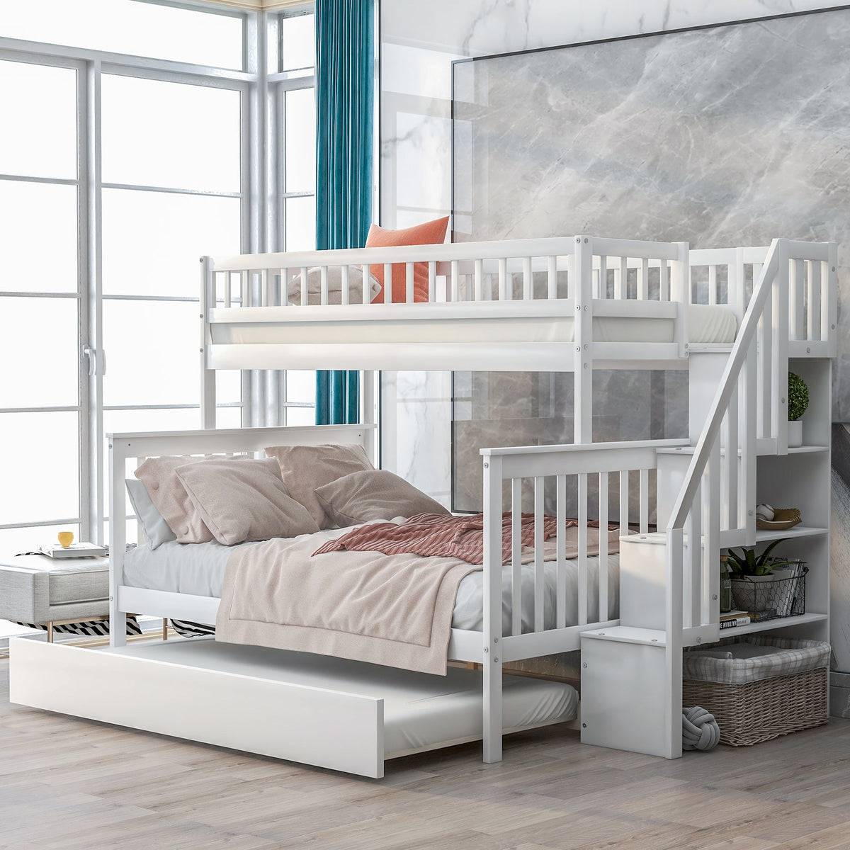 Twin Over Full Bunk Bed with Trundle and Staircase