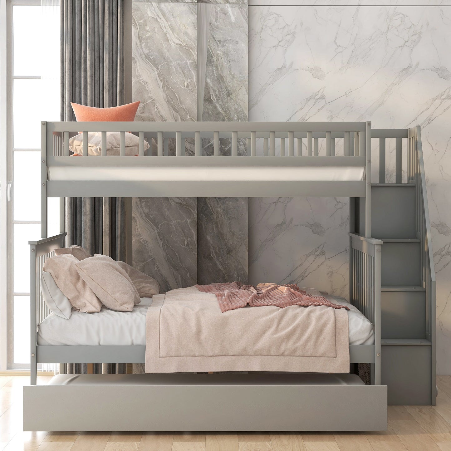 Twin Over Full Bunk Bed with Trundle and Staircase