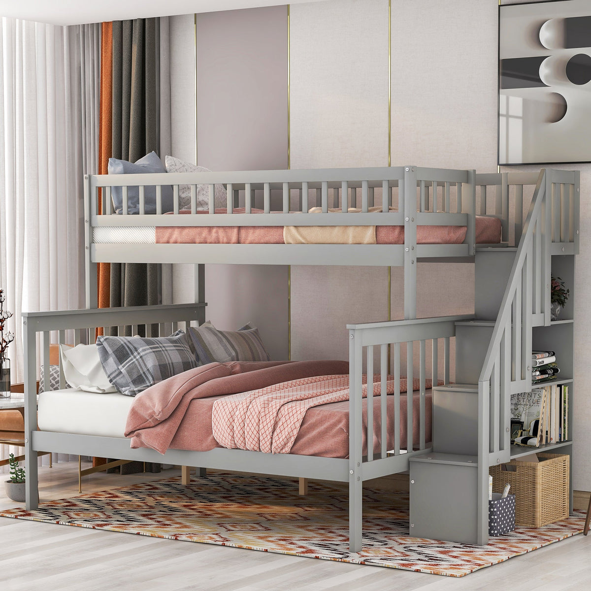 Twin Over Full Stairway Bunk Bed with Storage