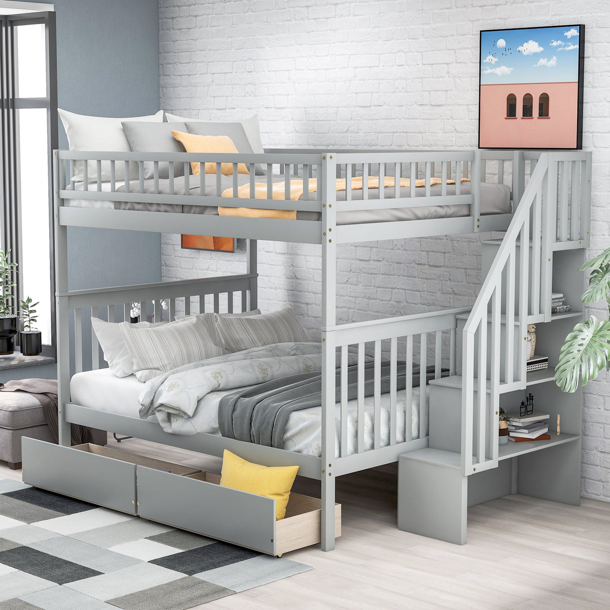Full Over Full Bunk Bed with Two Drawers and Storage